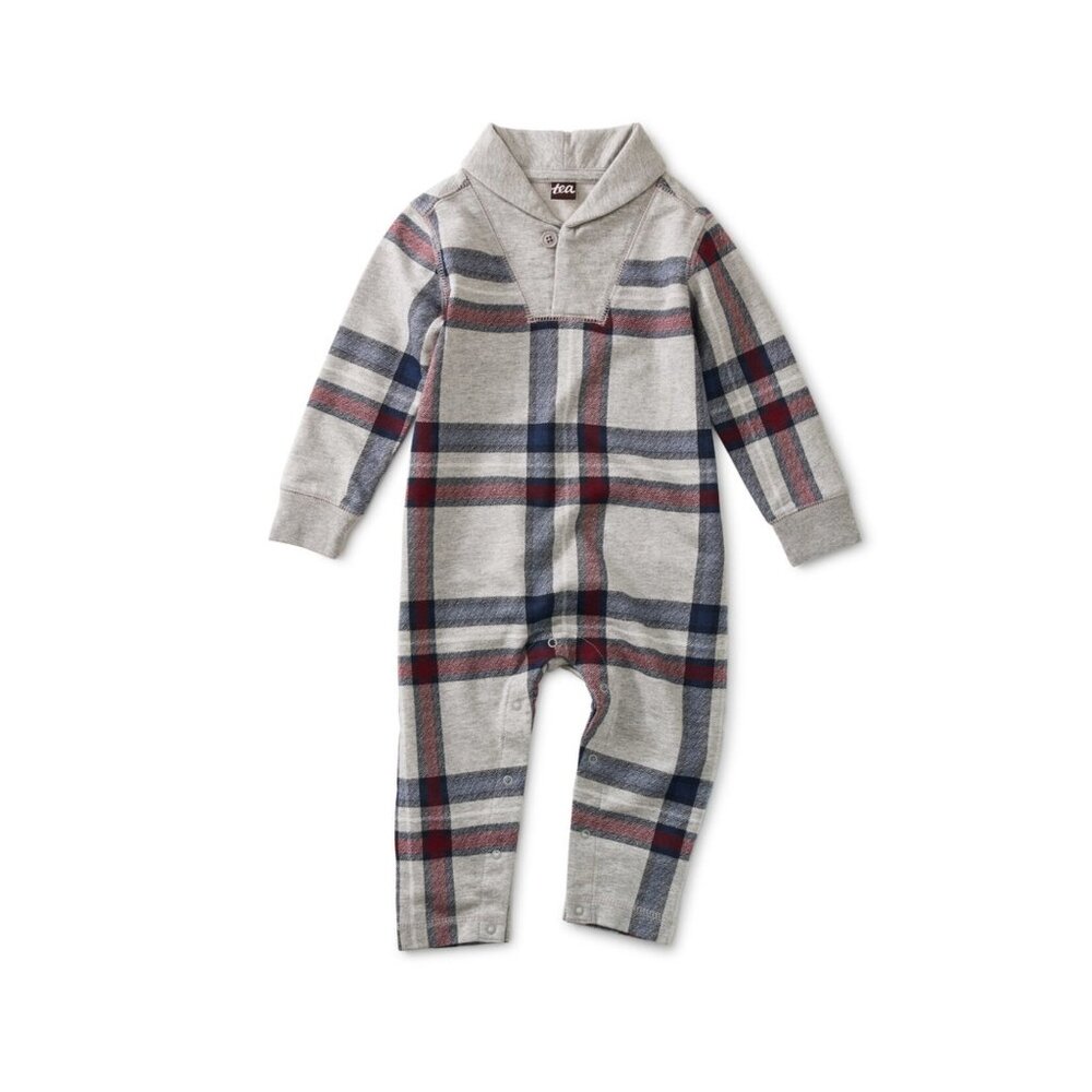 NWT Tea Collection Shawl Collar Baby Romper Treehouse Plaid Size 0-3 Months
